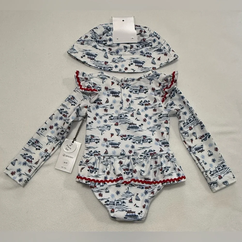 Infant Girl 24M Sperry Nautical One Piece Rashguard & Hat Set - Blue Red - NWT
